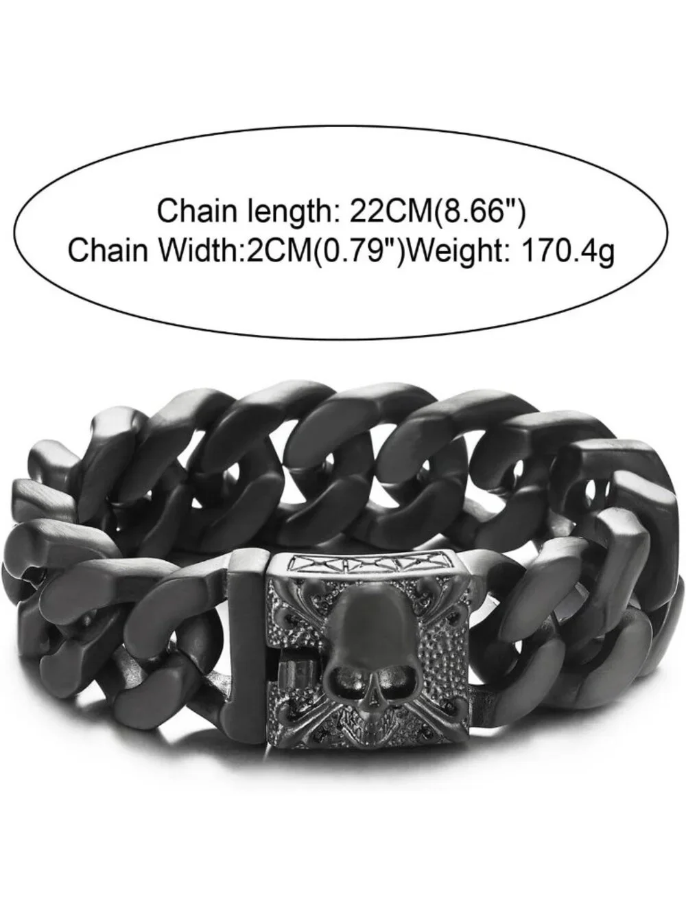 Vintage Large Curb Chain Bracelet for Men, Brushed Steel, Fleur De Lis & Skull
